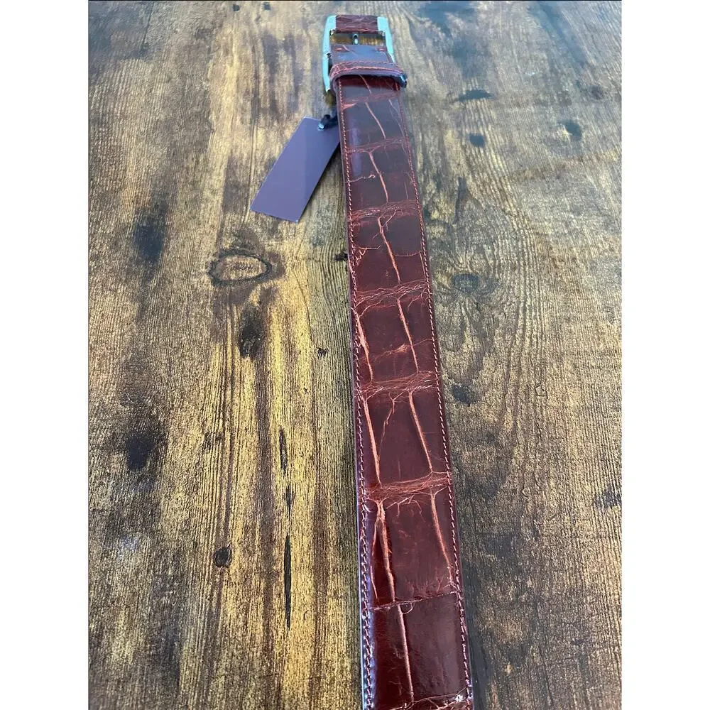 Tardini Men's American Alligator Textured Wrap Buckled Brown Belt 34
